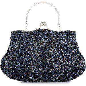 𝅺BEADED Sequin Flower Clutch Bag Blue